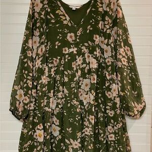 Time & Tru Bohemian XL Flowy Dress Country Cowgirl Floral Green Long Sleeve EUC